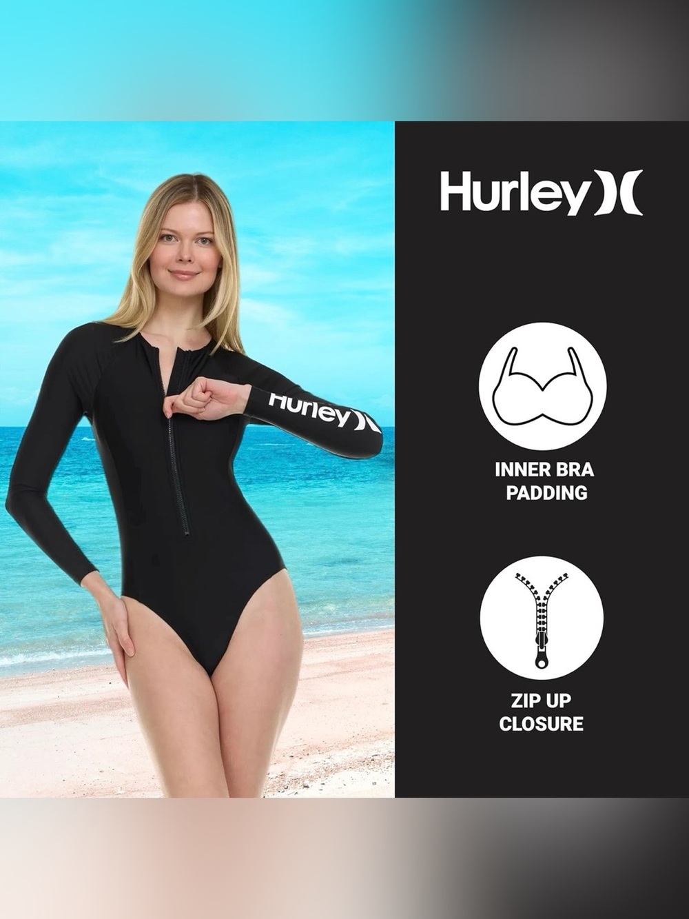 Hurley Black Long-Sleeve Zip Front One-Piece Swimsuit XL